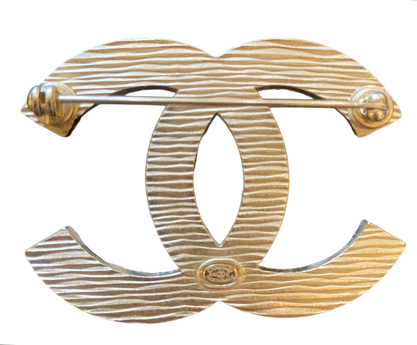 Chanel 19C La Pausa Large Blue Gold Stripe CC Brooch