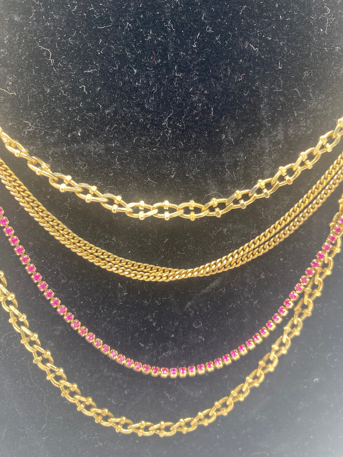 Chanel 12P Multi Strand Pink Swarovski Crystal Gold CC Necklace