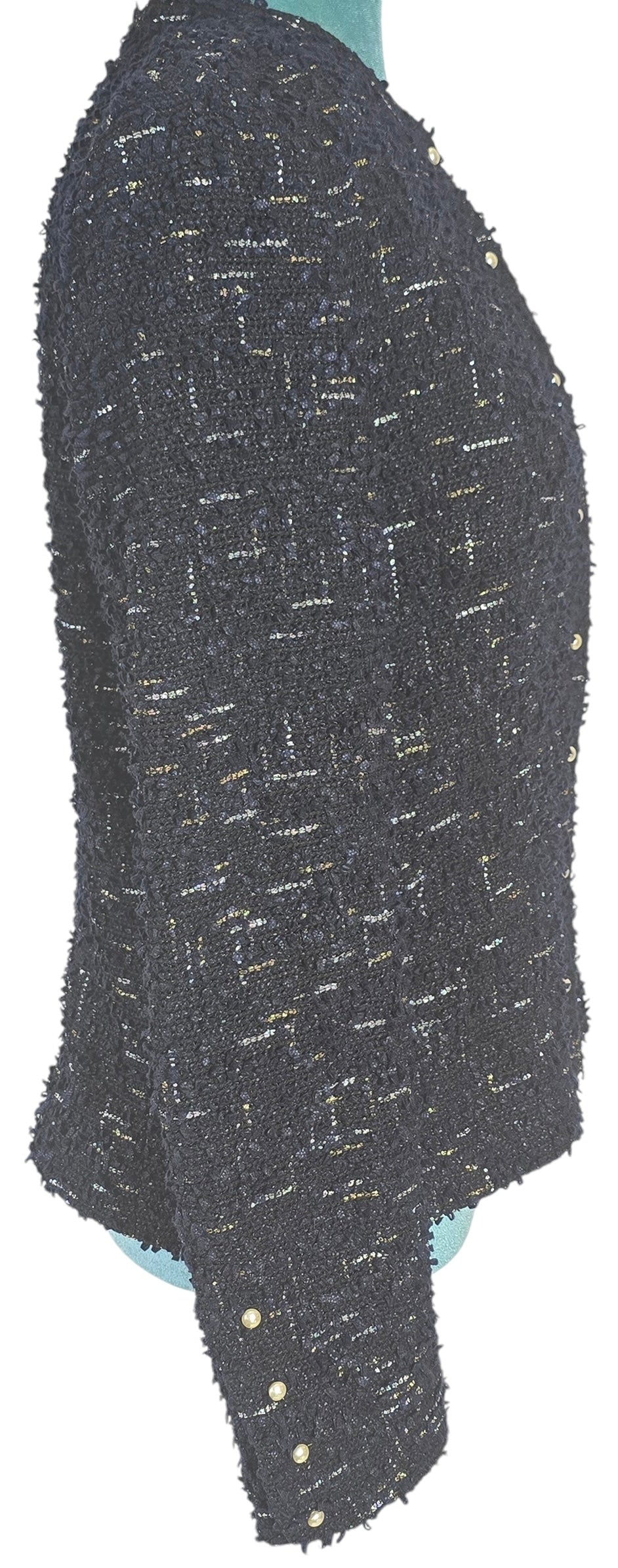 Chanel 04P Navy & Black Lesage Tweed Pearls CC Logo Button Blazer Jacket FR 42