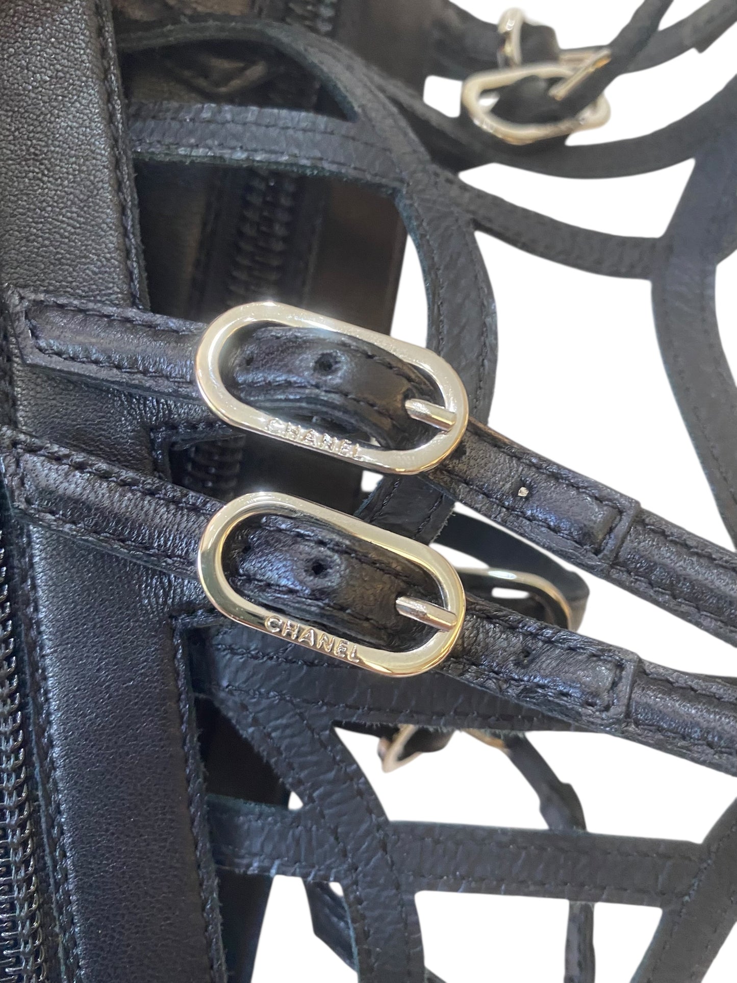 Chanel 2010 Black Leather Interlocking CC Gladiator Wedge Sandals EU 39