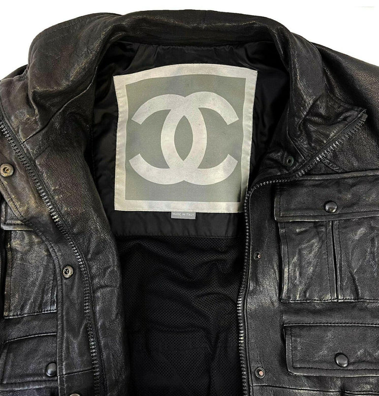 Chanel 07A Runway Black Lambskin Leather Utility Jacket Coat FR 40