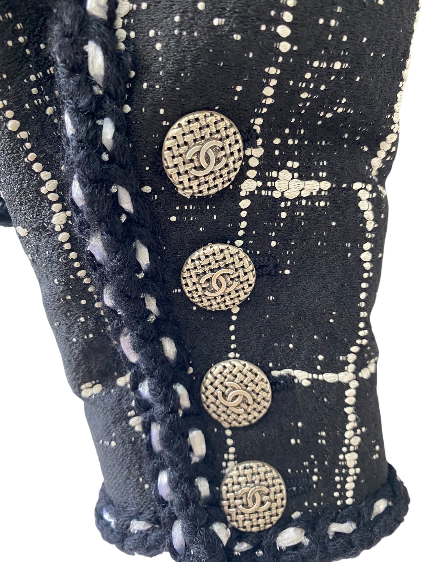 Chanel 14P Black White Grid Tweed Braided Trim Double Breasted Collarless Jacket FR 36