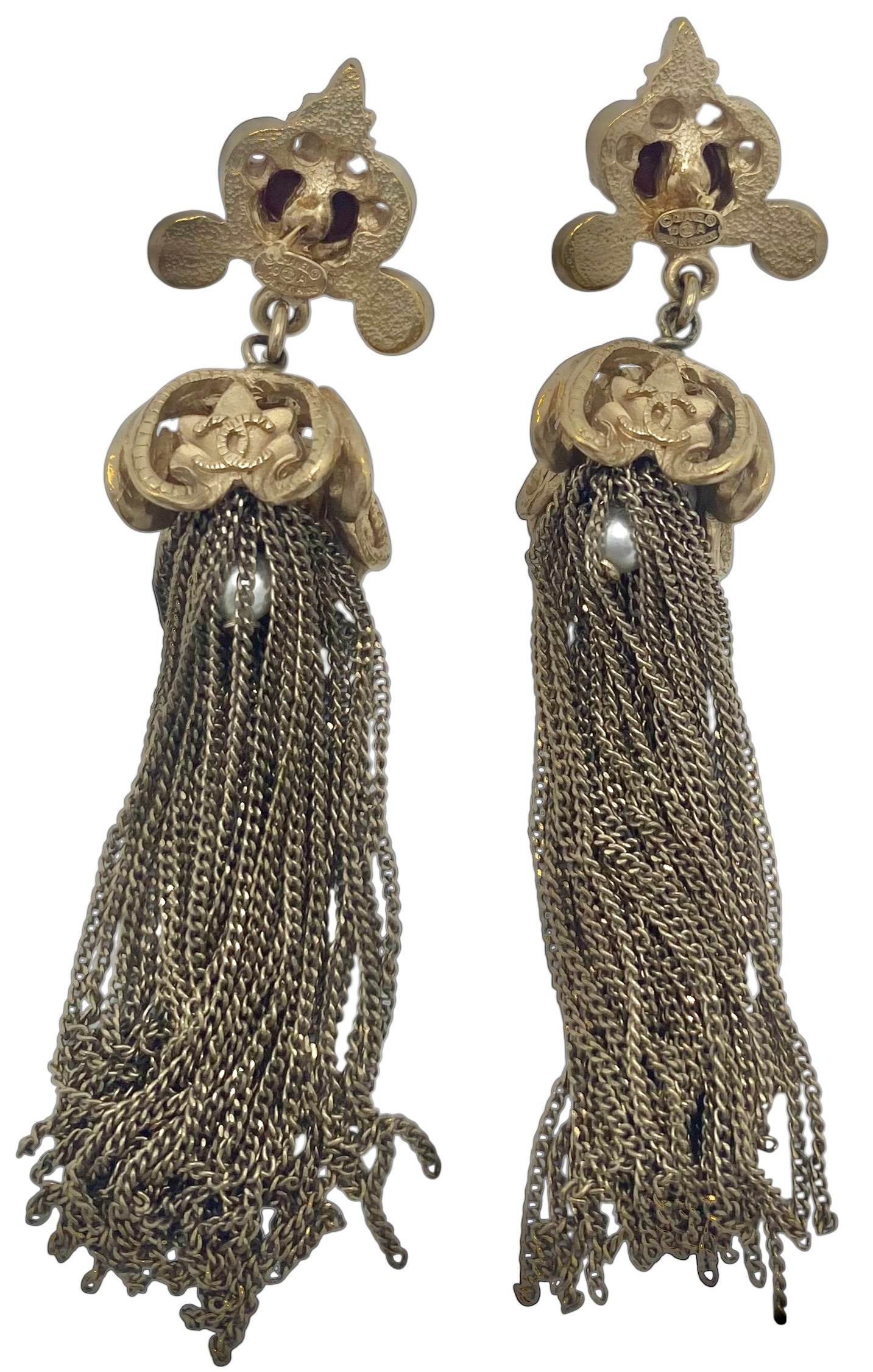 RARE Chanel 10A Paris Shanghai Gold-Tone Red Enamel Long Chain Tassel Drop Earrings