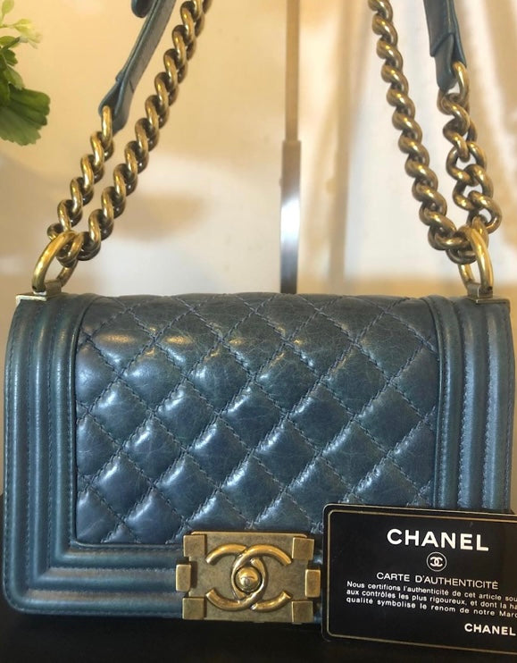 Chanel Blue Quilted Glazed Aged Calfskin Small Boy Bag Antique Gold Hardware
