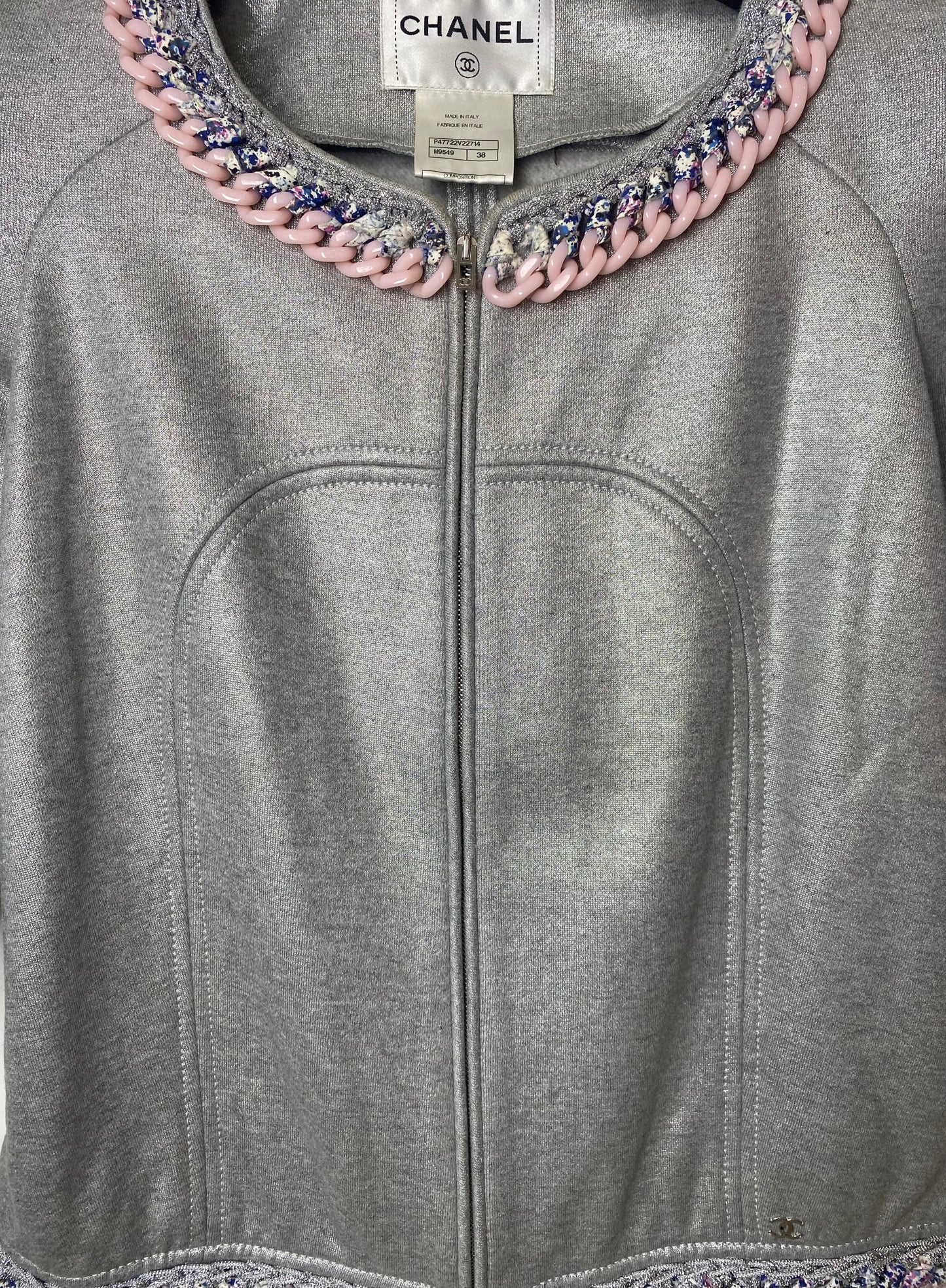 Chanel 2014 Supermarket Metallic Silver Grey Bomber Jacket Tweed and Lucite Pink Trim FR 38