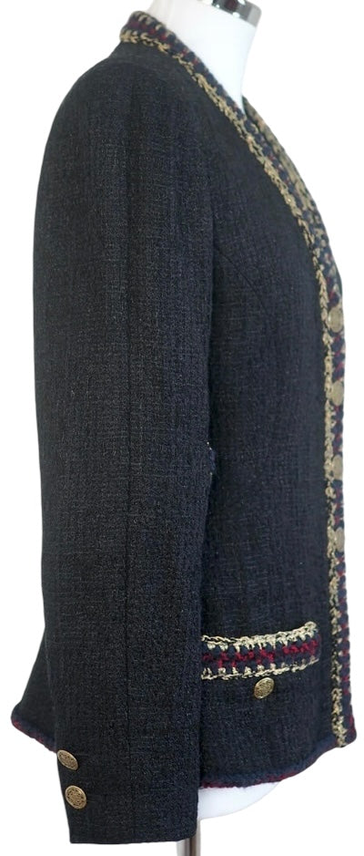 CHANEL 10A PARIS-SHANGHAI BLACK TWEED BRAIDED TRIM JACKET FR 34