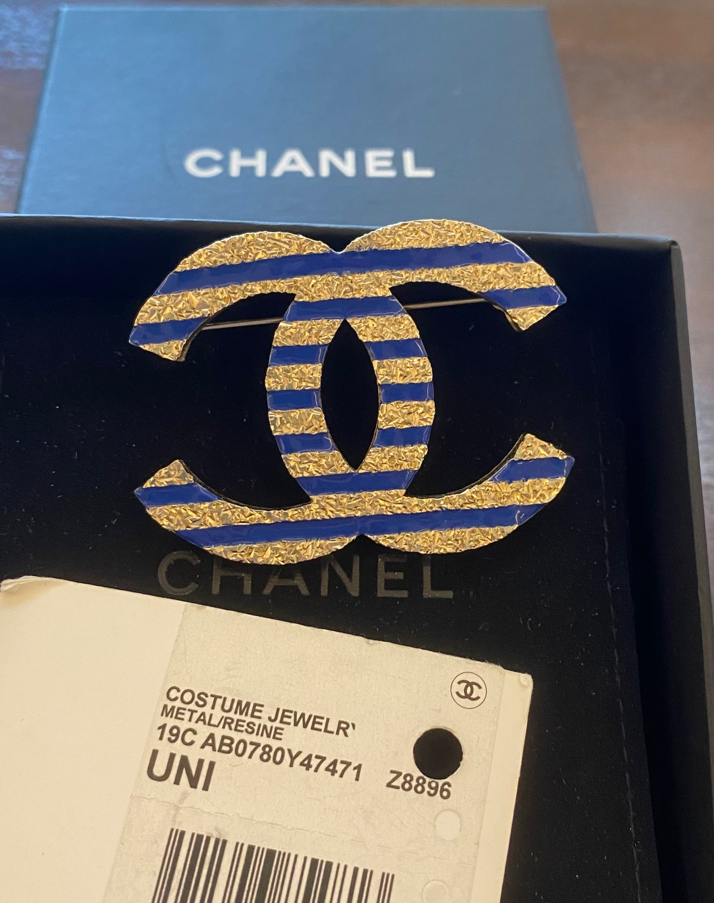 Chanel 19C La Pausa Large Blue Gold Stripe CC Brooch