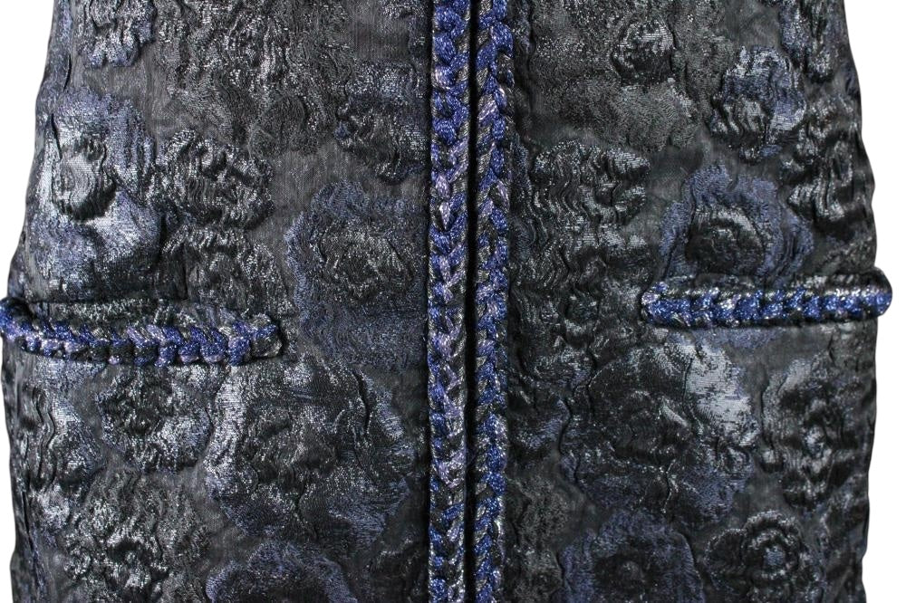 Chanel 16A Paris Rome Black Navy Metallic Camellia Jacquard Braid Long Coat Jacket FR 38