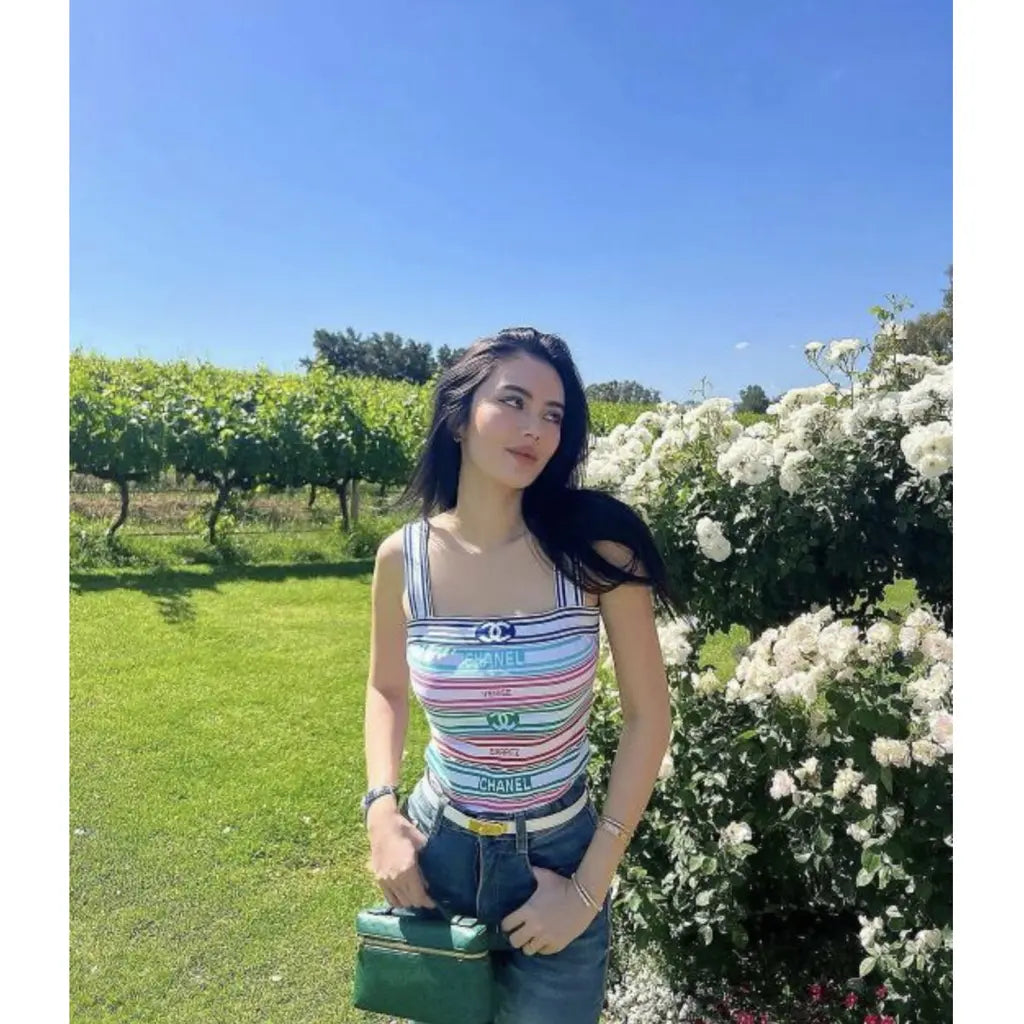 Chanel 19P Multicolor Stripe Crop Top and Skirt Set FR 36