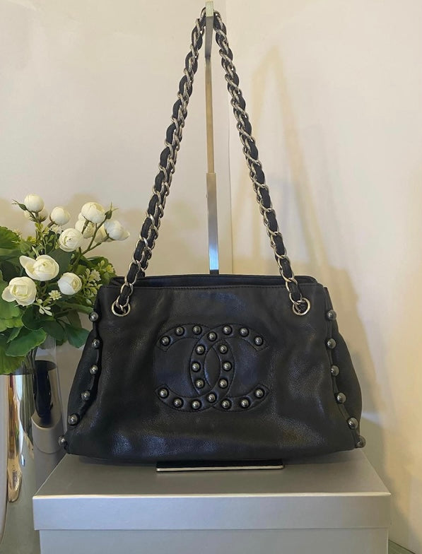 Chanel Small Black Soft Lambskin Leather Pearl Obsession Tote SHW