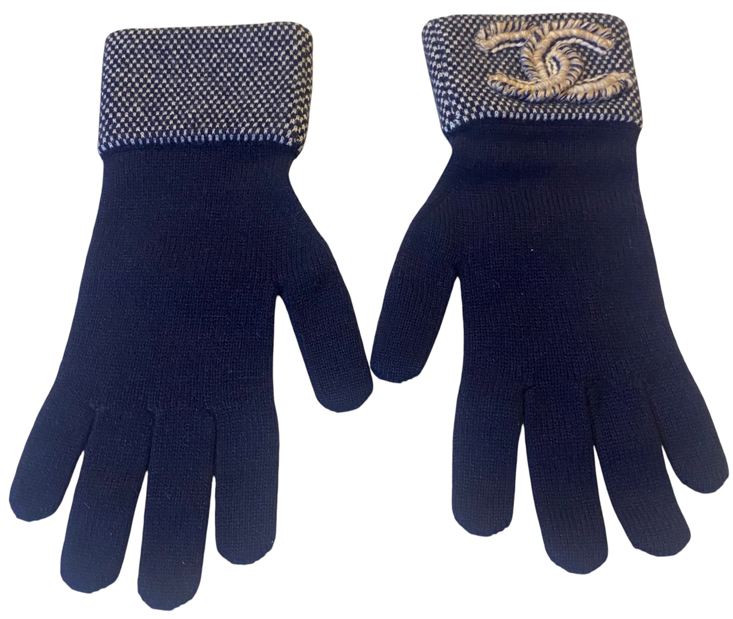 Chanel 20A Navy Blue White Ecru CC Cashmere Gloves