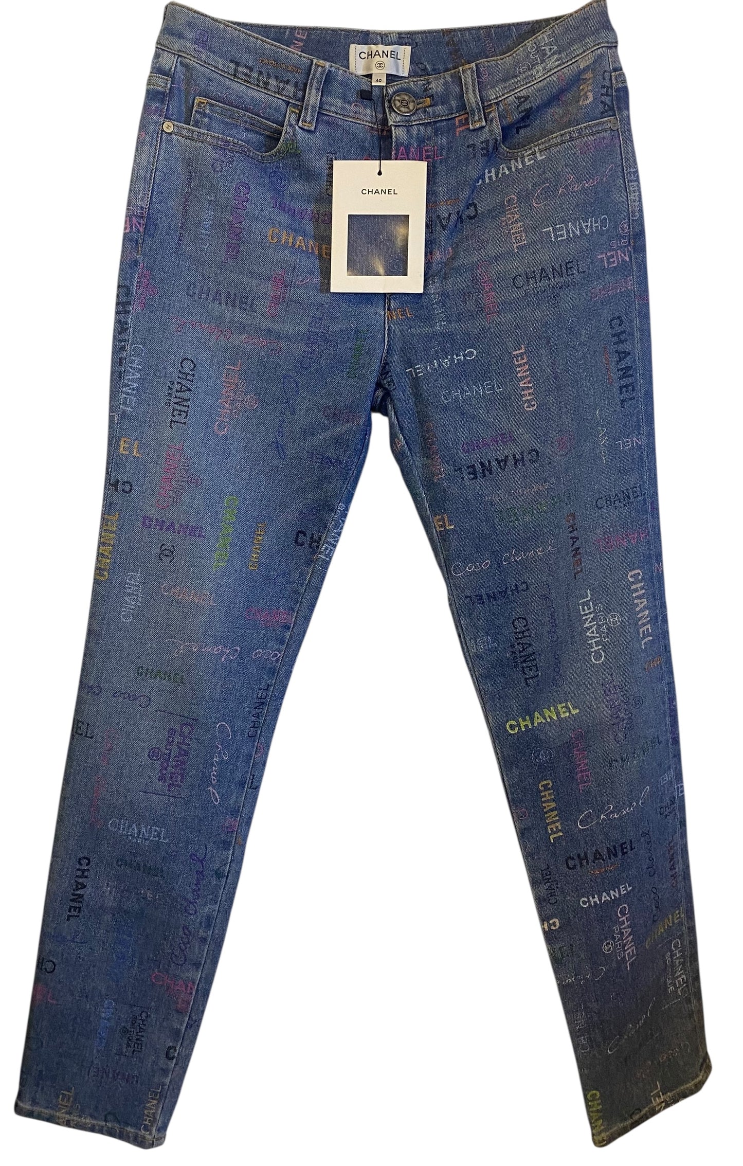 CHANEL 22P Blue & Multicolor Printed Stretch Denim Jeans FR 40