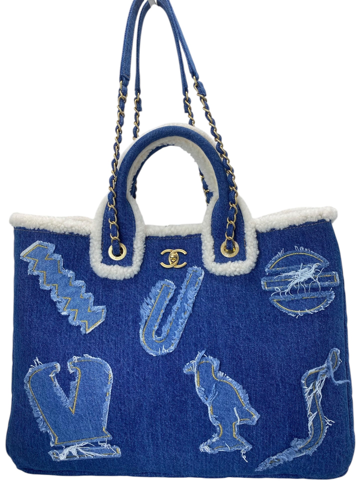 Chanel 19A Paris-New York Egypt Blue Denim & Shearling Hieroglyph Coco Shopping Tote