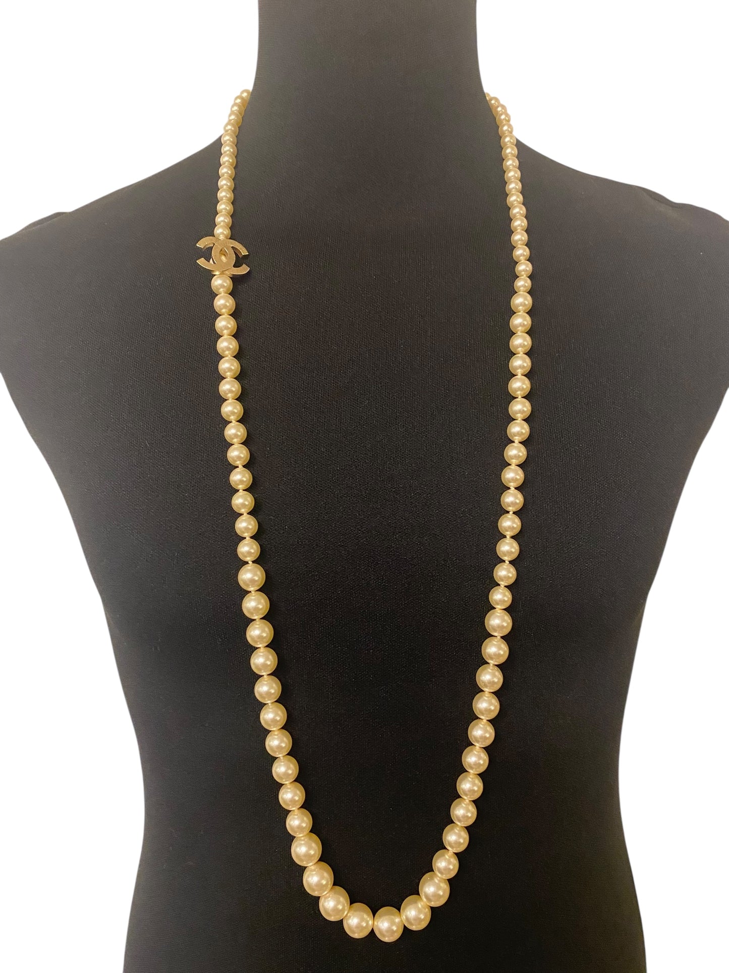 Chanel 14A Supermarket Collection Classic Pearl CC Long Strand Gold Tone Necklace