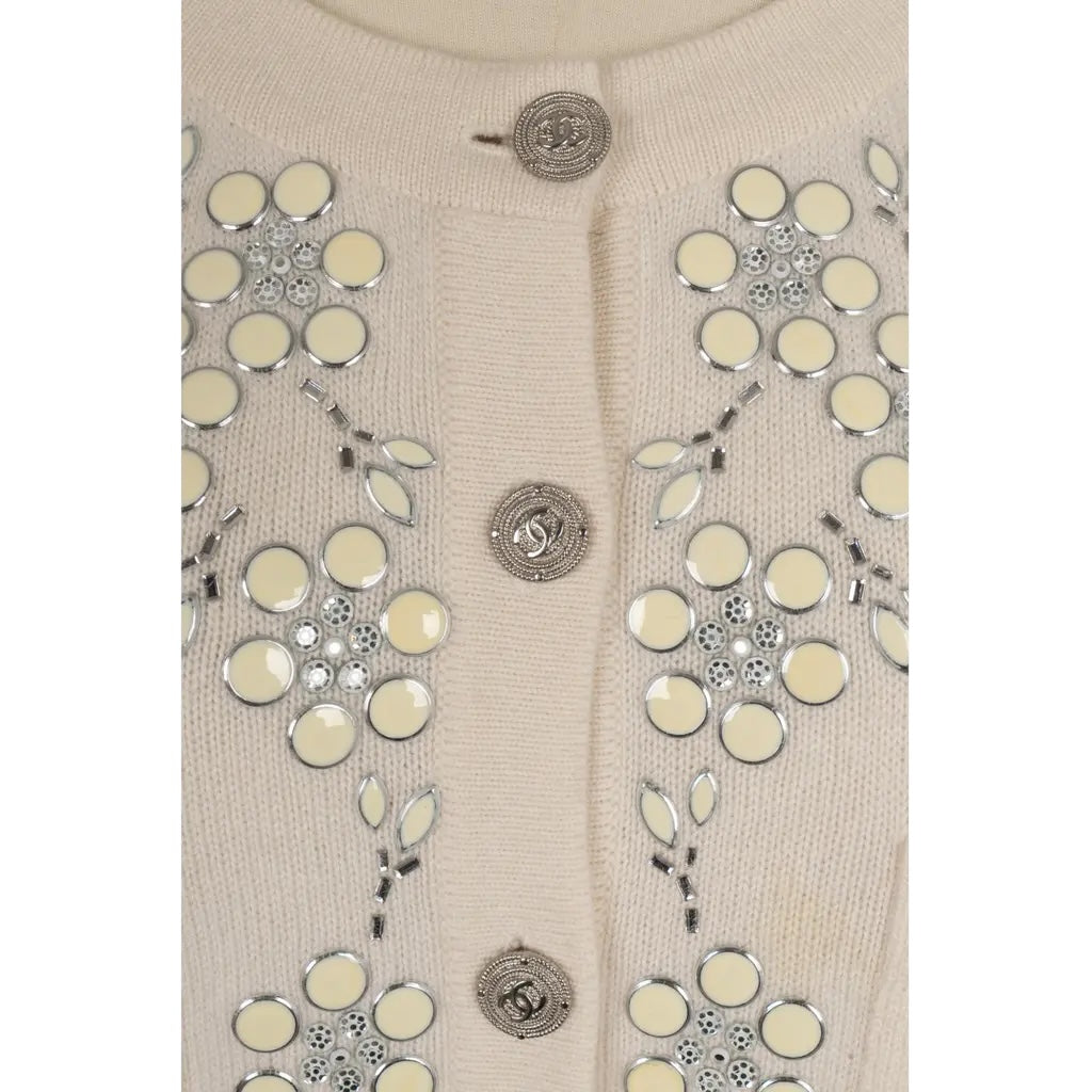 CHANEL 12C IVORY CASHMERE JEWELED JACKET CARDIGAN CC FR 42