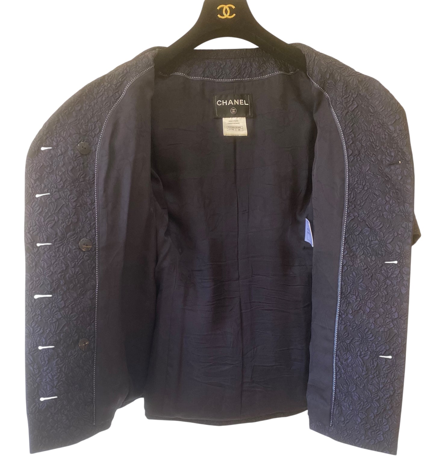 Chanel 14C Dark Navy Black Camellia Jacquard Double Jacket FR 38