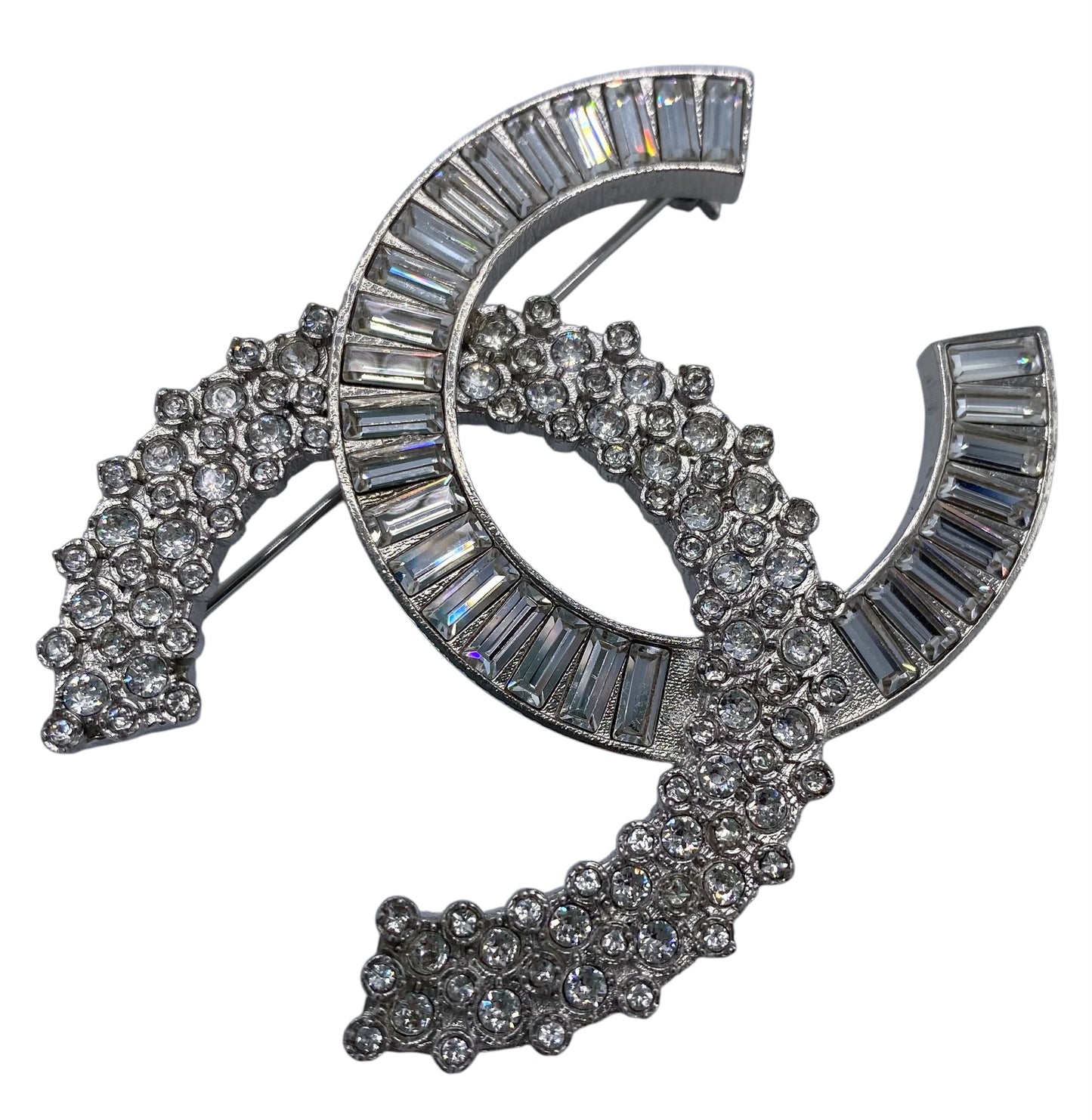 Chanel 2019 Large Silver Crystal Embellished CC Brooch