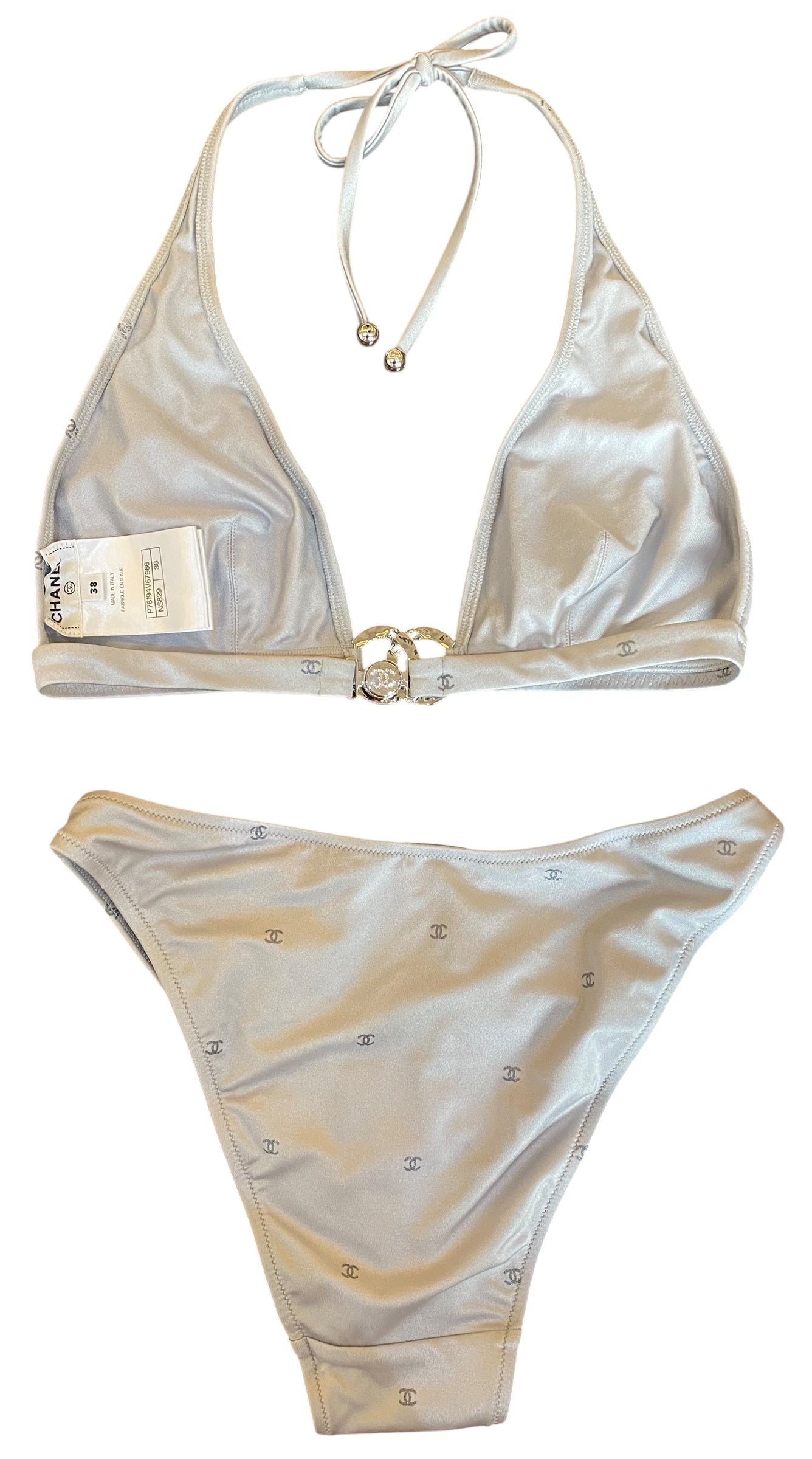 Chanel 2024 Coco Beach Silver CC Logo Bikini Two Piece Swim Suit FR 38