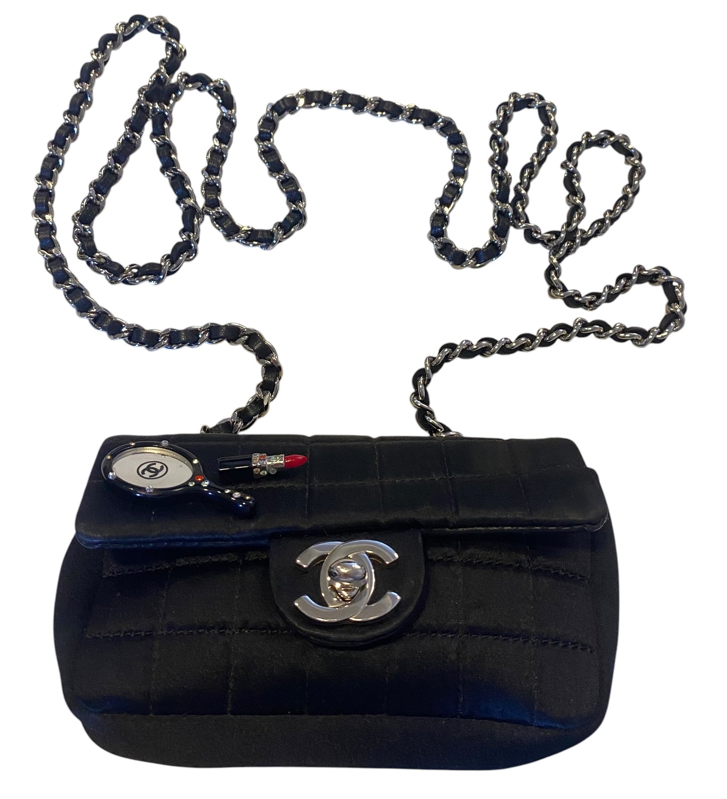 Chanel 04A Black Satin Mini Micro Square Quilted Lipstick Mirror Charm Flap Bag