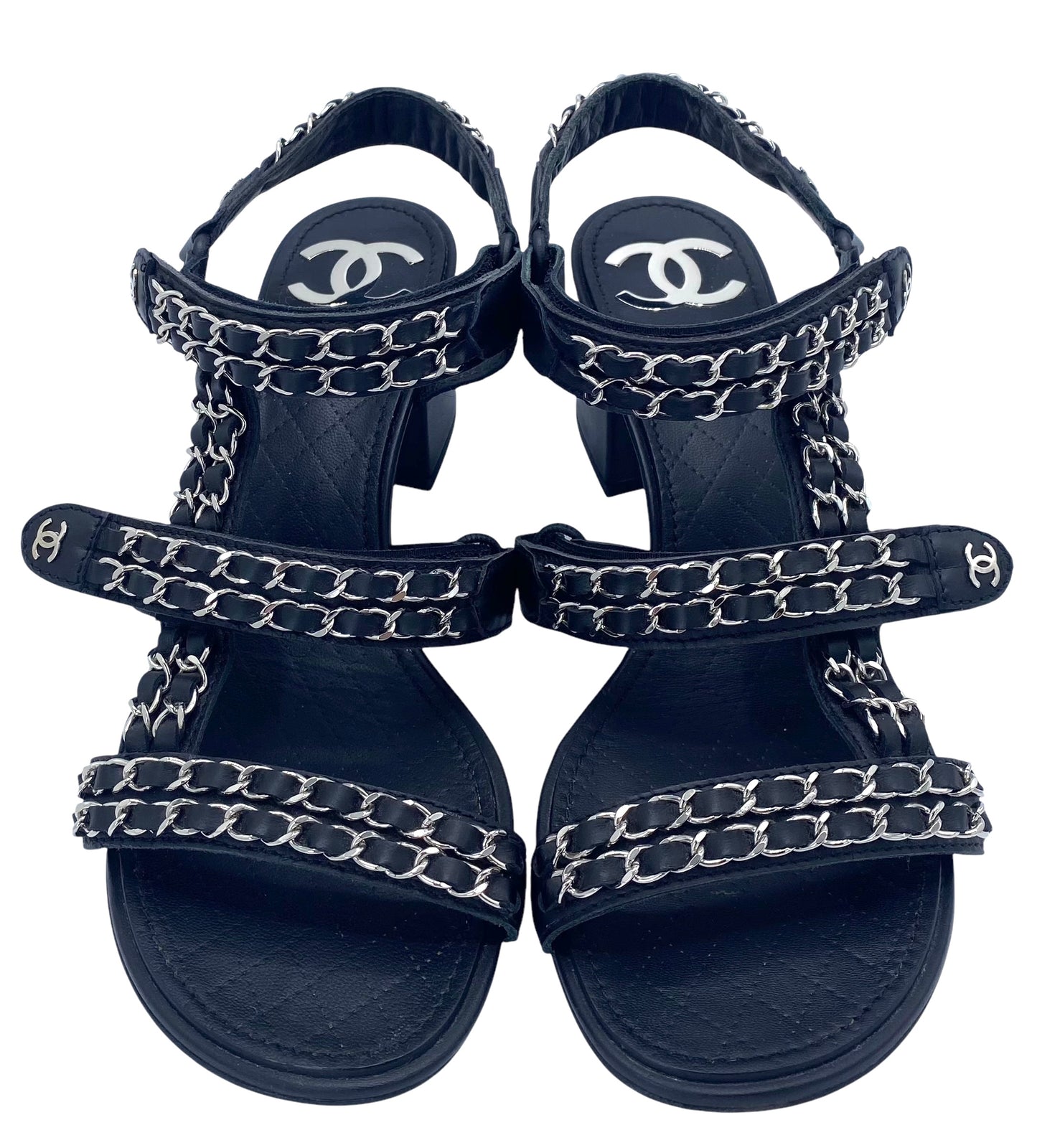 Chanel 2019 Black Leather Chain Link CC SlingBack Sandal Heels EU 40
