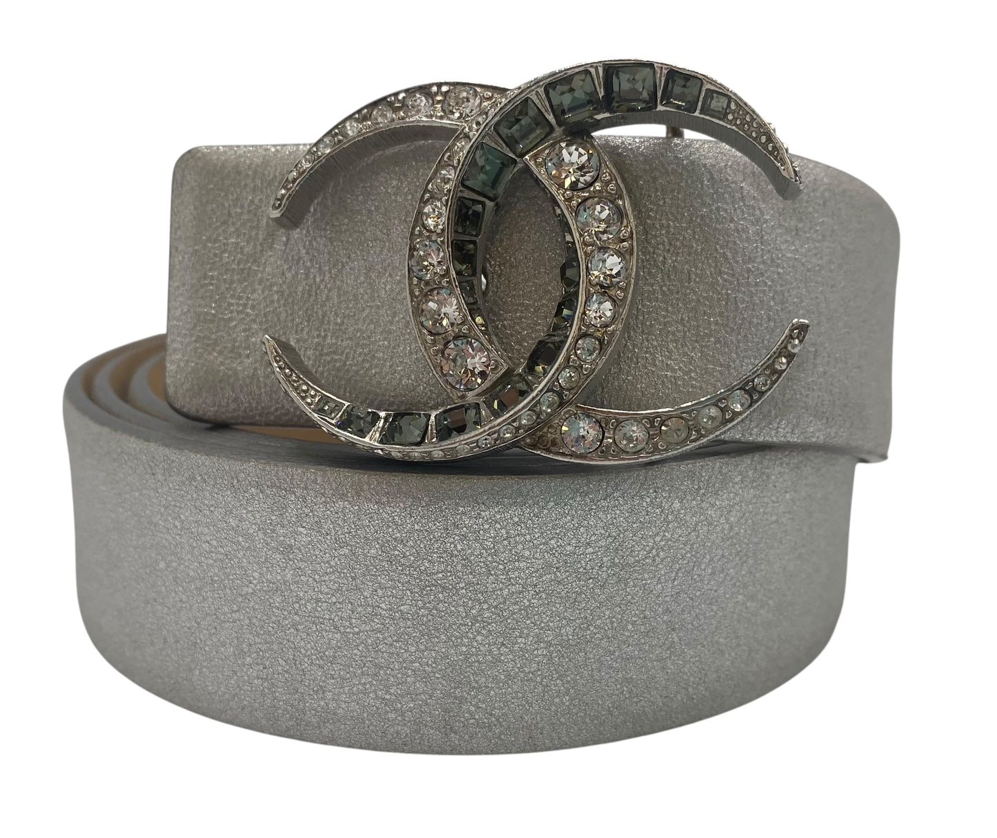 Chanel 15C Dubai Metallic Silver Calfskin Baguette Crystal CC Belt Size 85/34