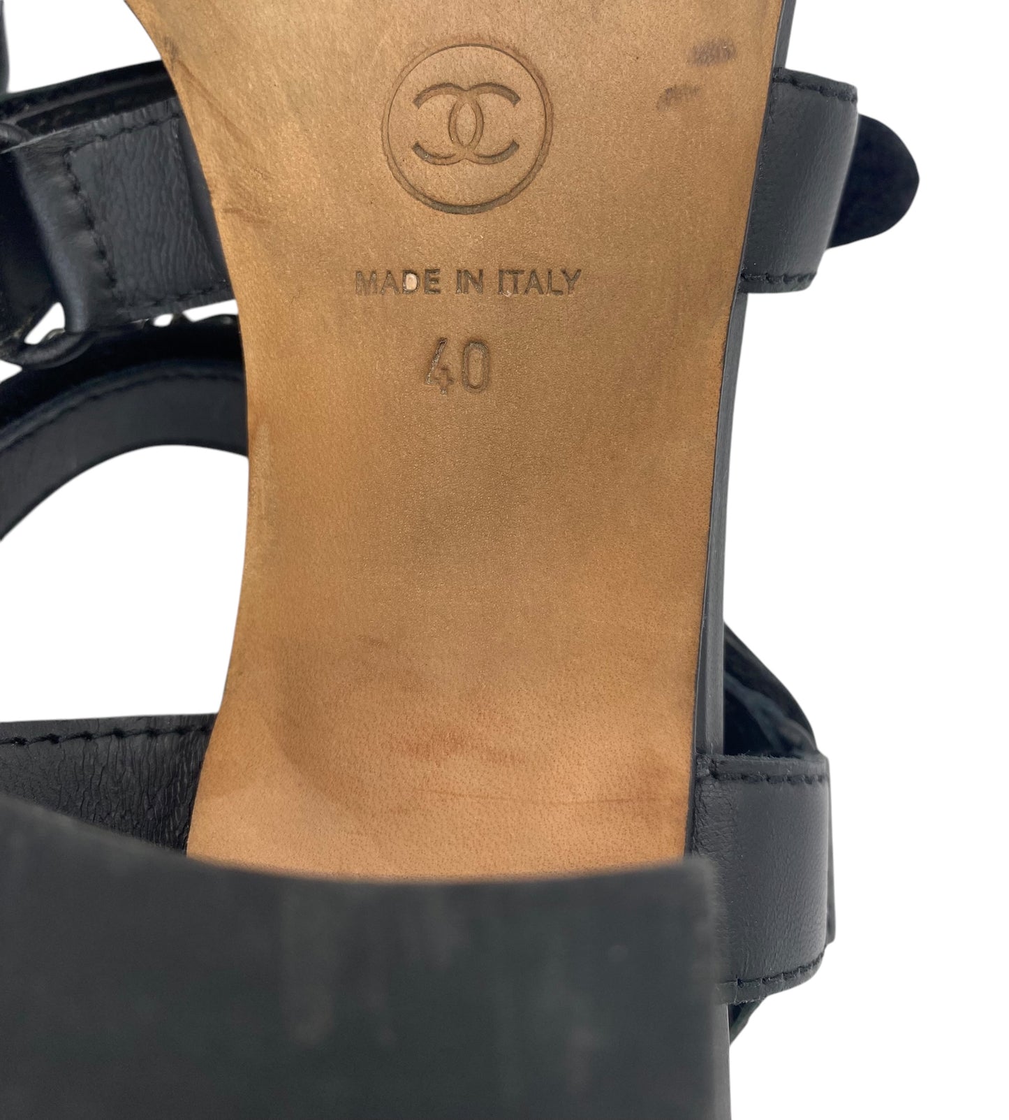 Chanel 2019 Black Leather Chain Link CC SlingBack Sandal Heels EU 40