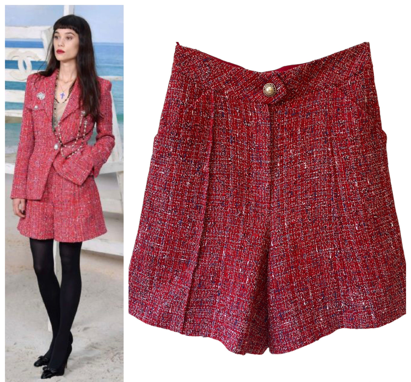 Chanel 19C La Pausa Red Tweed Pearl Shorts FR 36