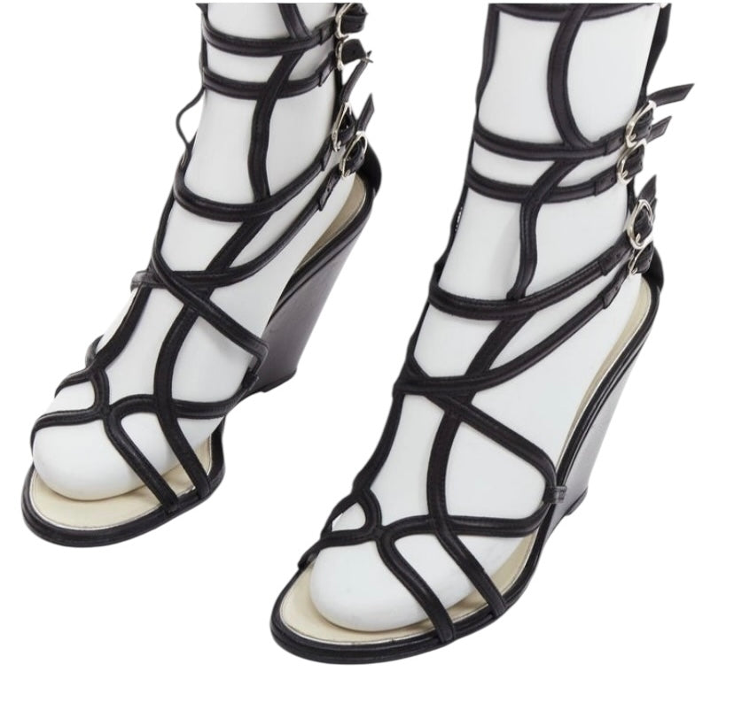 Chanel 2010 Black Leather Interlocking CC Gladiator Wedge Sandals EU 39