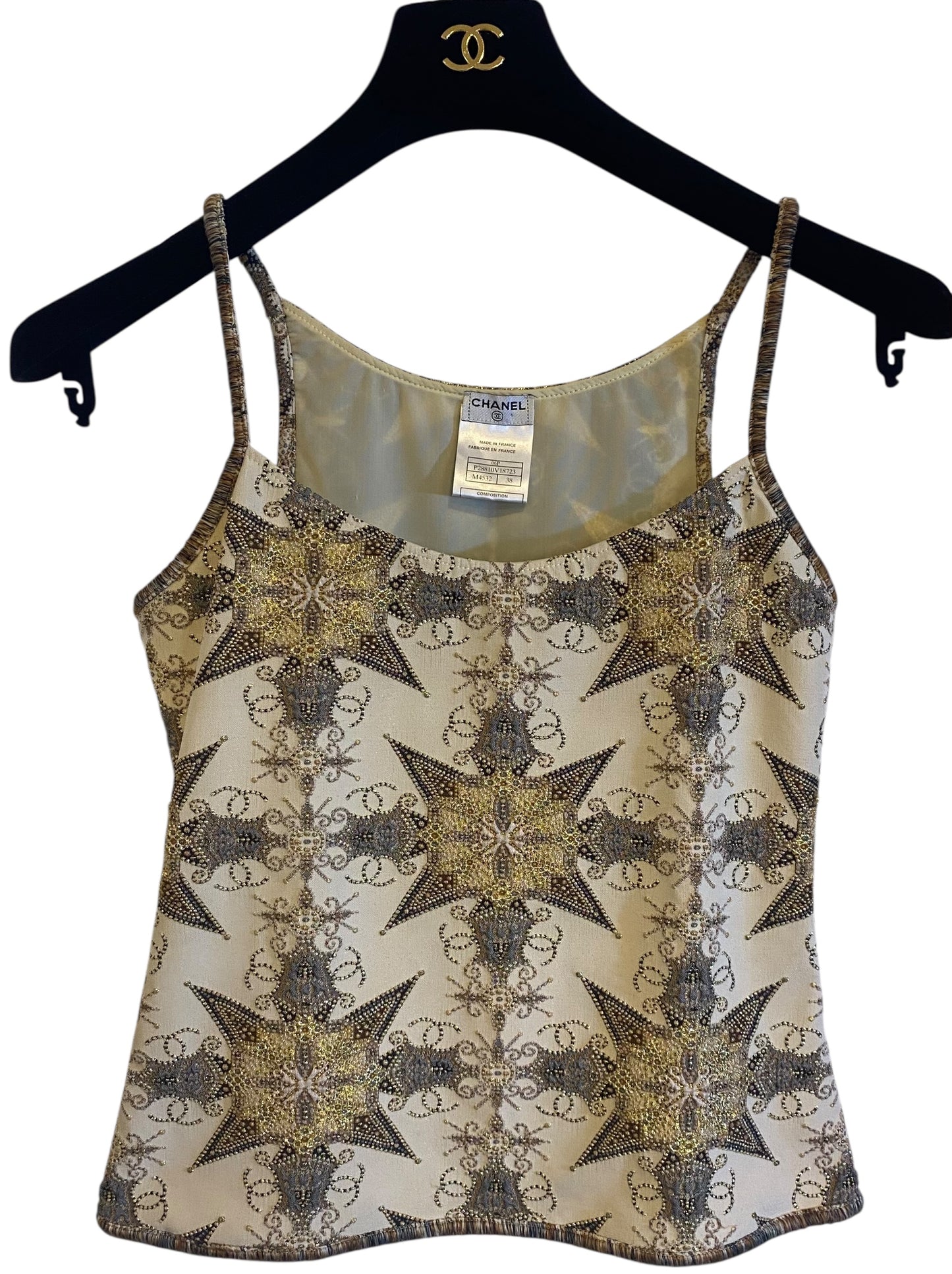 Rare Chanel 06P Ecru Gold Metallic Tank Top Camisole & Matching Shorts SET FR 38
