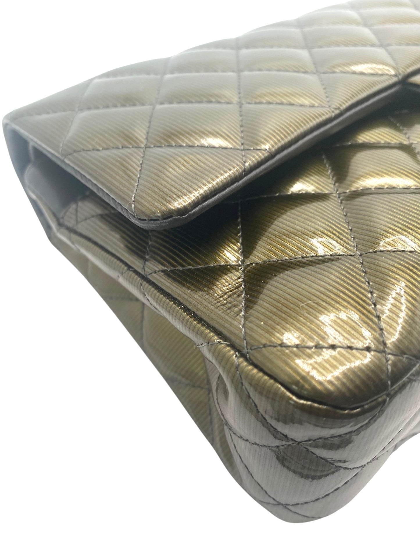 Chanel Medium Dark Green Straited Patent Leather Double Flap Timeless Classic Bag SHW