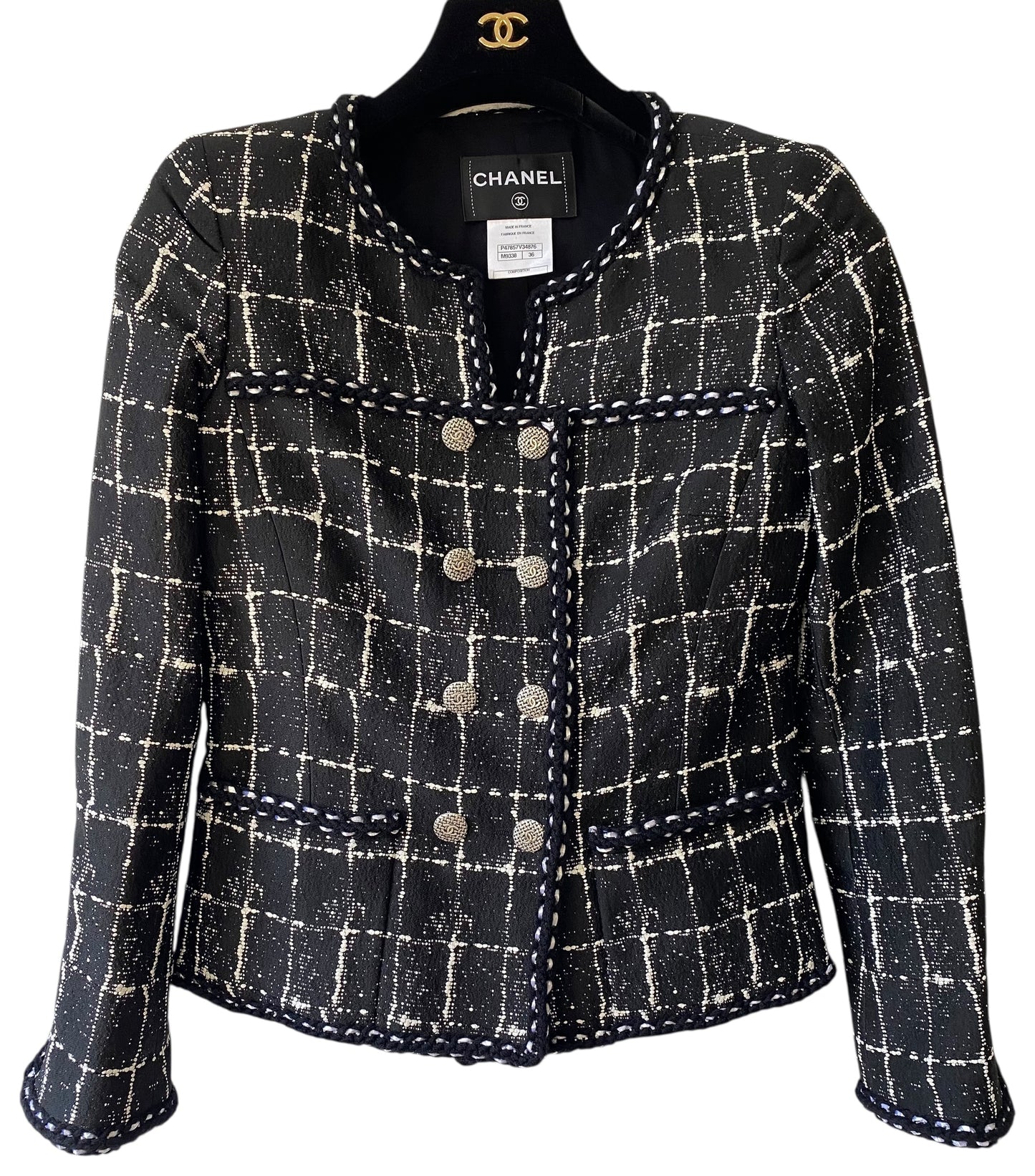 Chanel 14P Black White Grid Tweed Braided Trim Double Breasted Collarless Jacket FR 36
