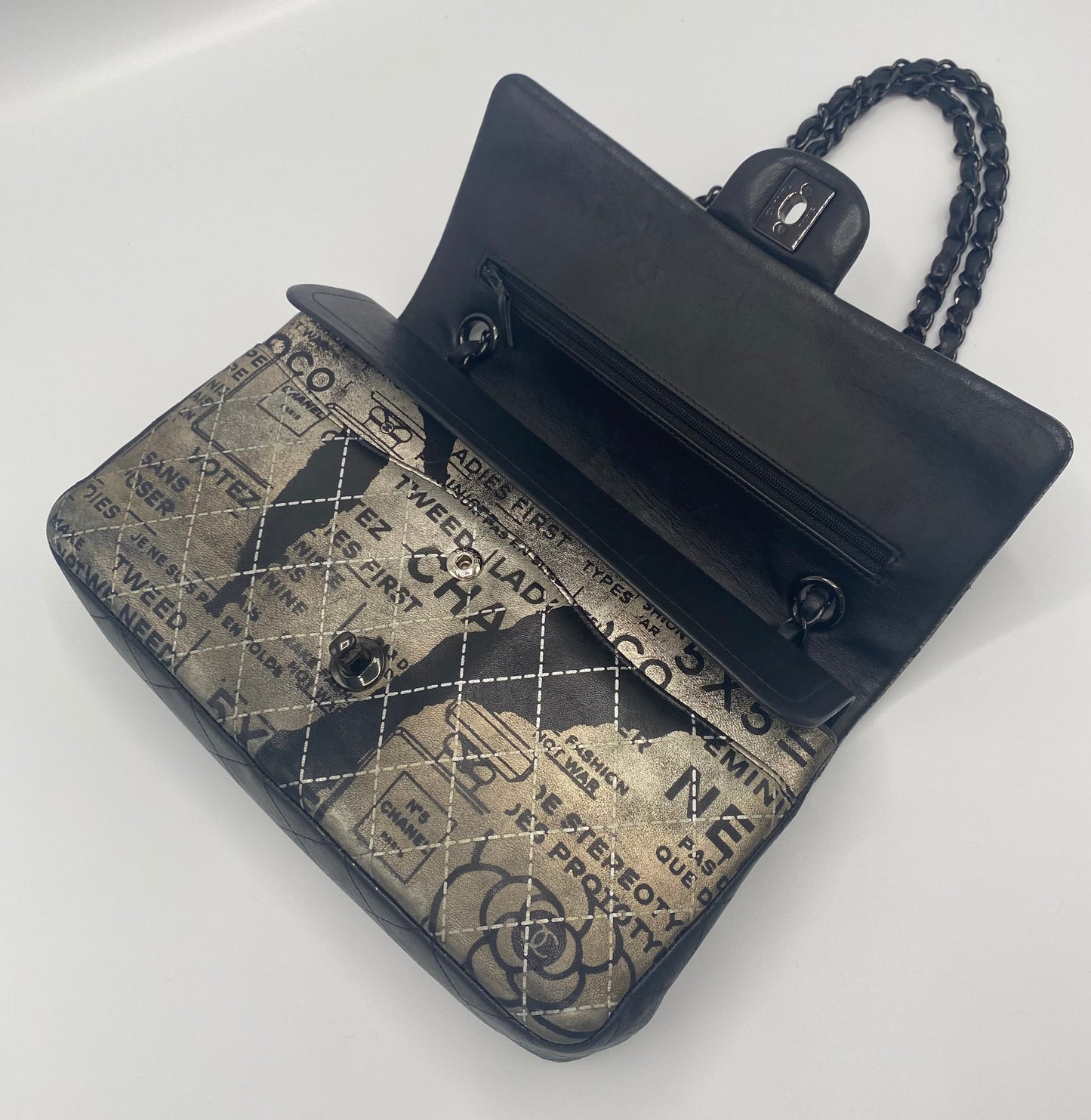 CHANEL 2015 GRAFFITI NEWSPAPER MEDIUM CLASSIC DOUBLE FLAP BAG SO BLACK