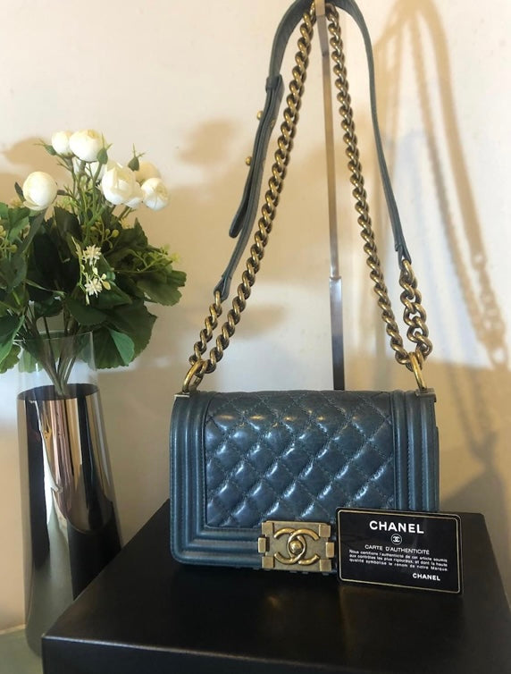 Chanel Blue Quilted Glazed Aged Calfskin Small Boy Bag Antique Gold Hardware
