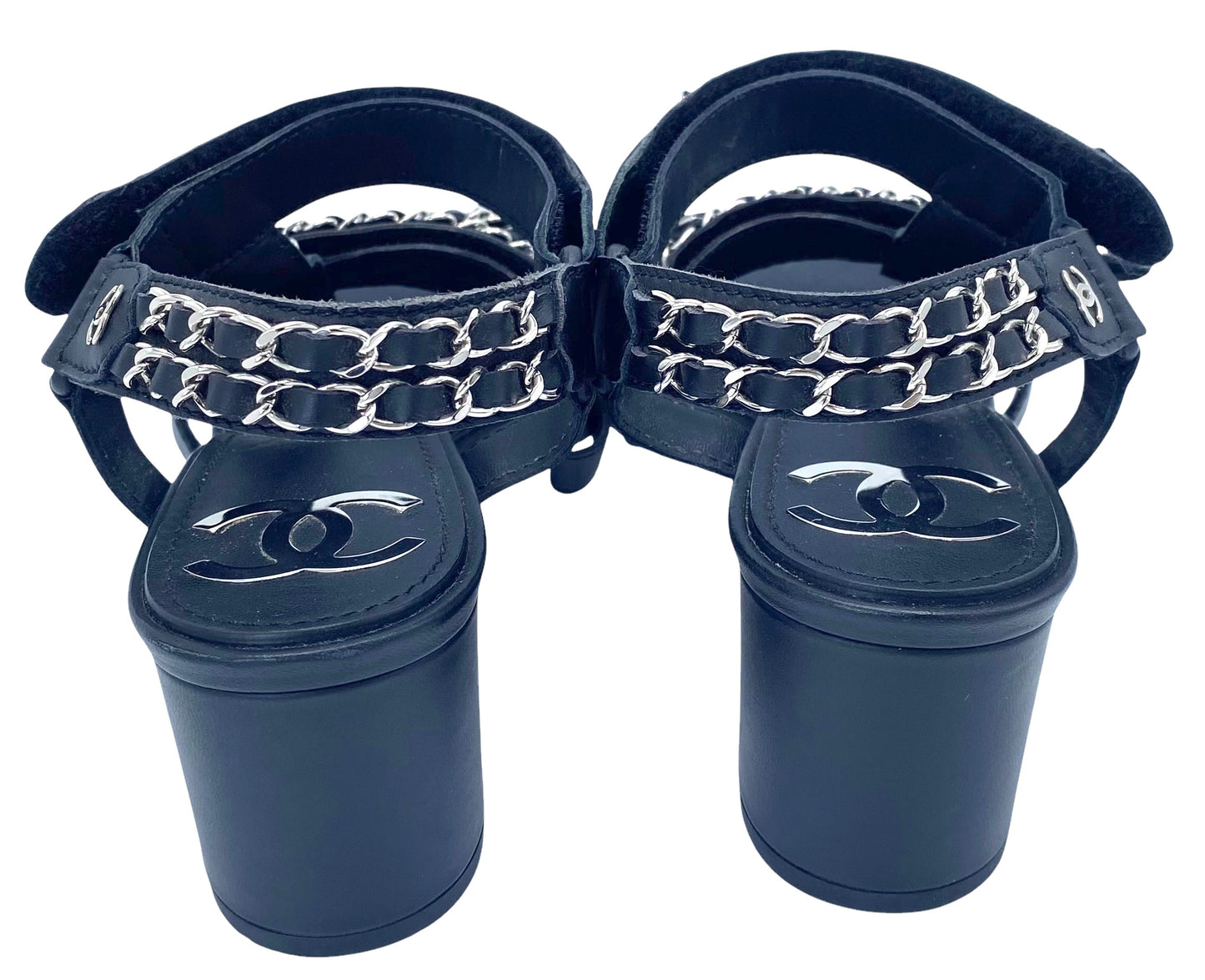 Chanel 2019 Black Leather Chain Link CC SlingBack Sandal Heels EU 40