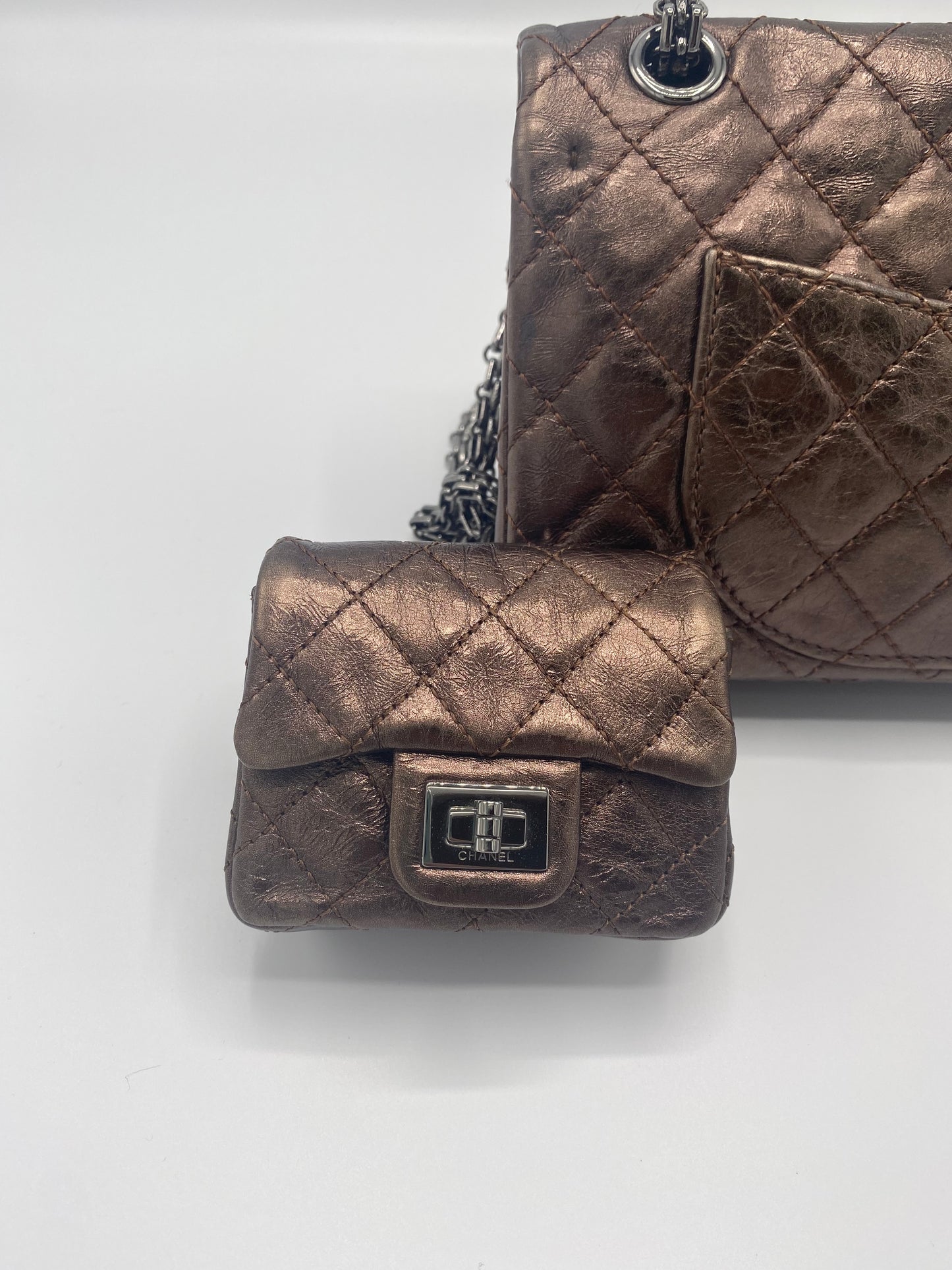 Chanel Bronze Quilted Leather Reissue 2.55 Classic 225 Flap Bag with Matching Coin Purse