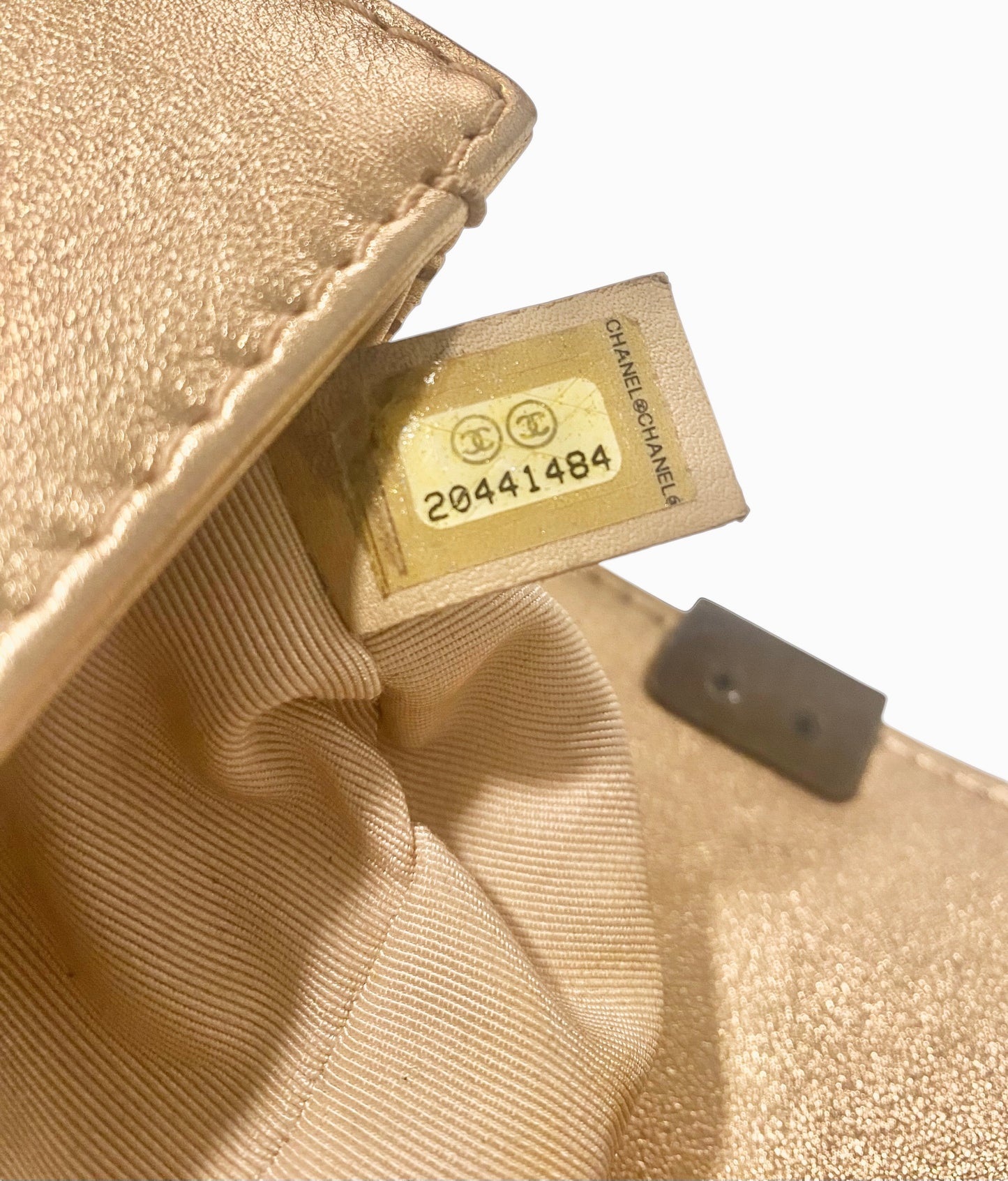 Chanel 15C Paris Dubai Rose Gold Metallic Calfskin Perforated Small Boy Flap Bag