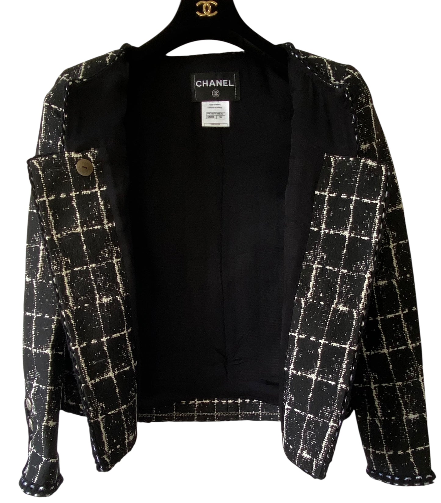 Chanel 14P Black White Grid Tweed Braided Trim Double Breasted Collarless Jacket FR 36
