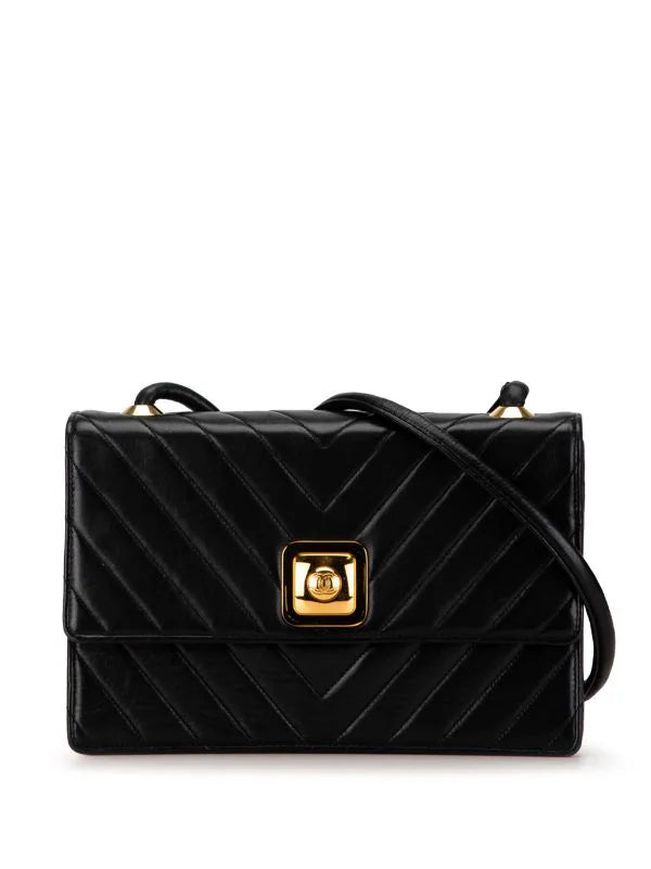Chanel Vintage 90’s CC Medium Black Chevron Lambskin Crossbody Classic Flap Bag 24K Plated GHW