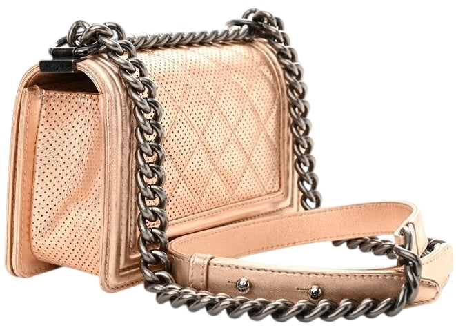 Chanel 15C Paris Dubai Rose Gold Metallic Calfskin Perforated Small Boy Flap Bag