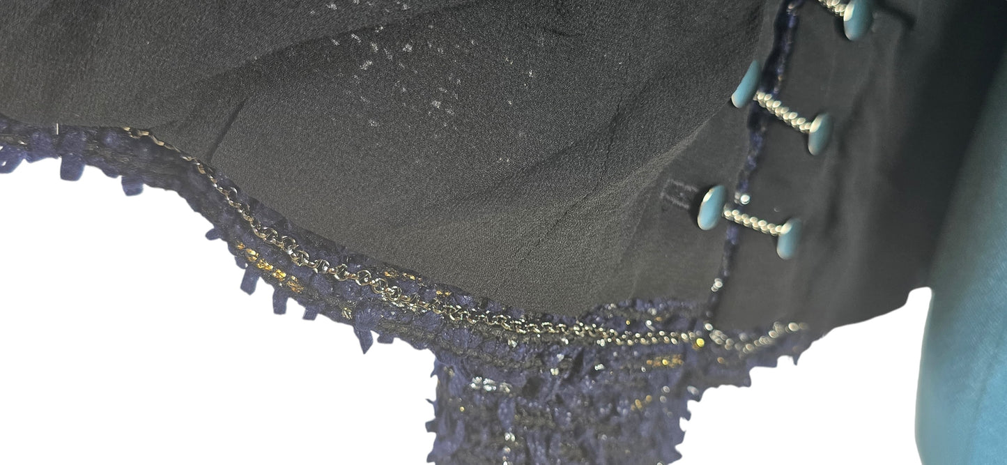 Chanel 04P Navy & Black Lesage Tweed Pearls CC Logo Button Blazer Jacket FR 42