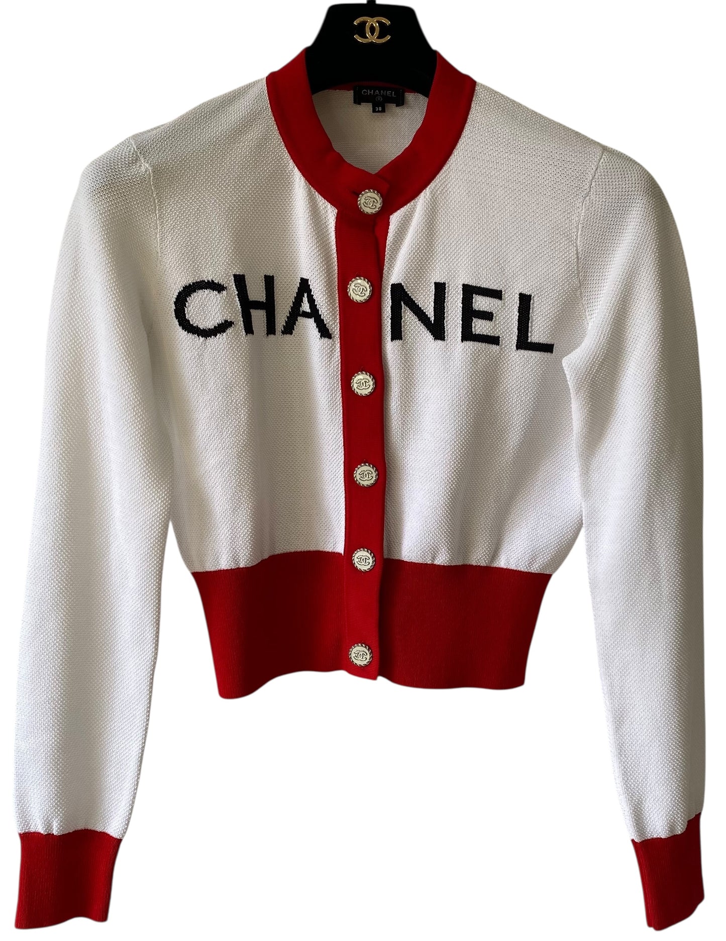 Chanel 19S Iconic White Red Cropped Cardigan Sweater FR 38