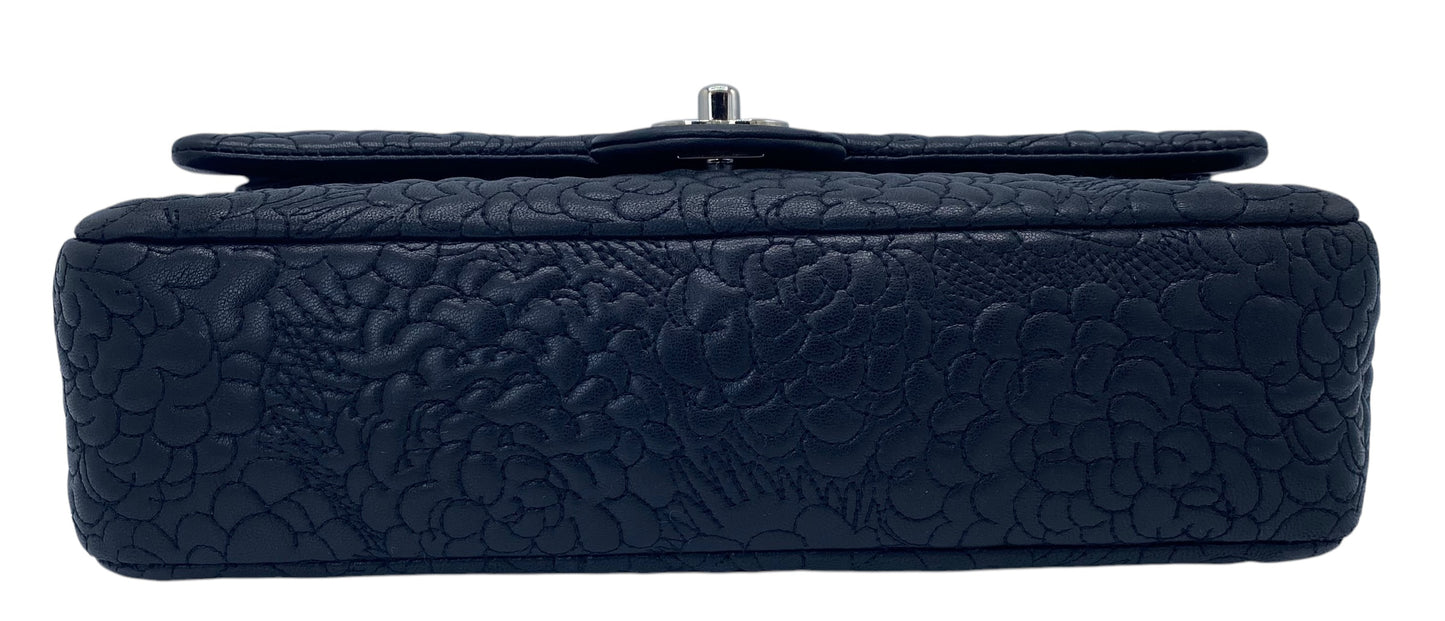 Chanel Black Camellia Embossed Lambskin Classic Timeless Medium Double Flap Bag SHW