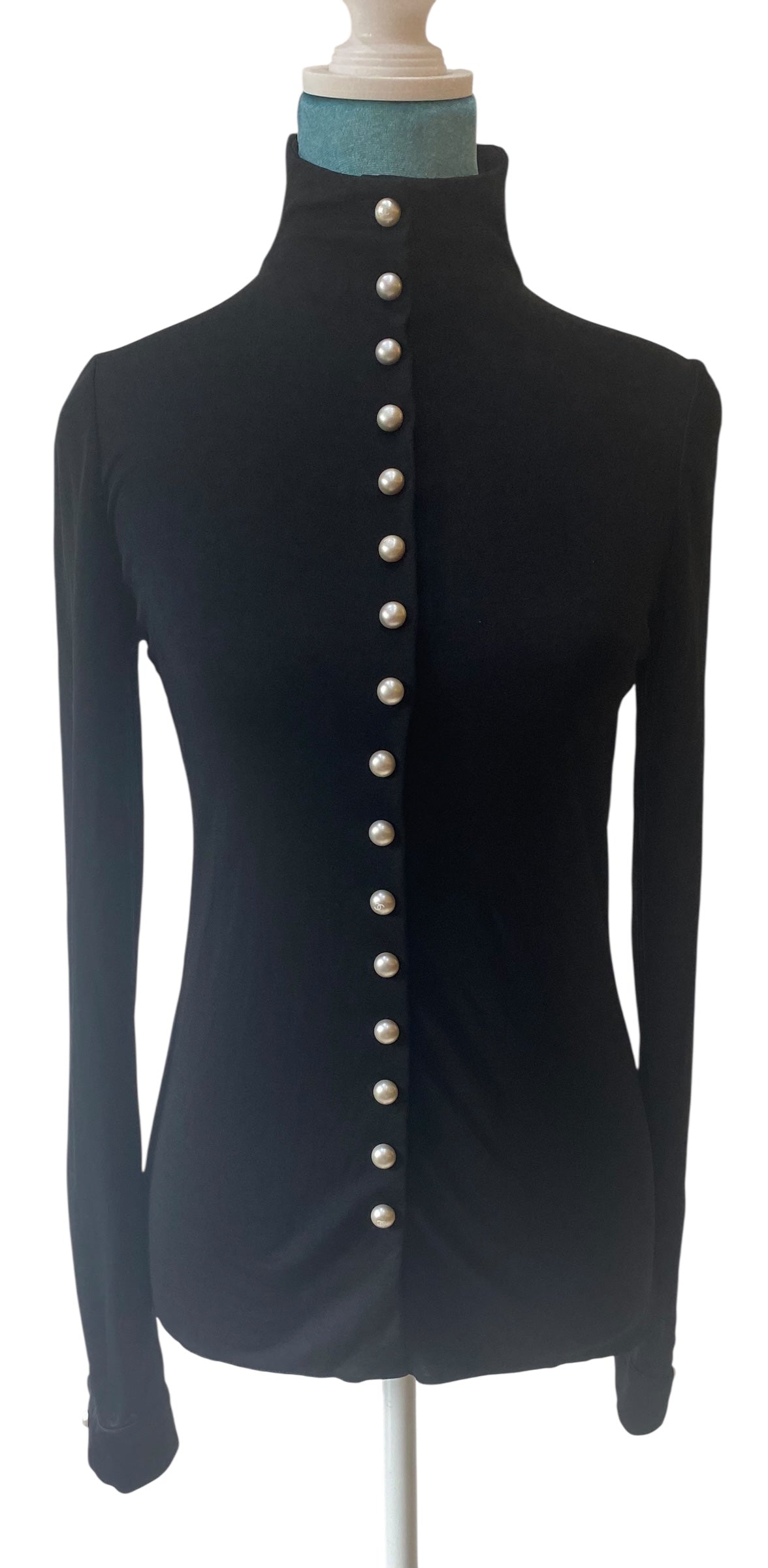 CHANEL 13P BLACK BLOUSE TOP PEARL CC BUTTONS FR 36