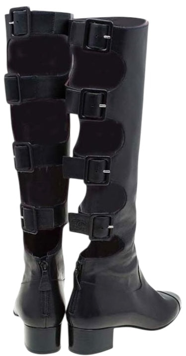 Chanel 07A Runway Black Leather Gladiator Buckle Knee High Riding Boots EU 39.5