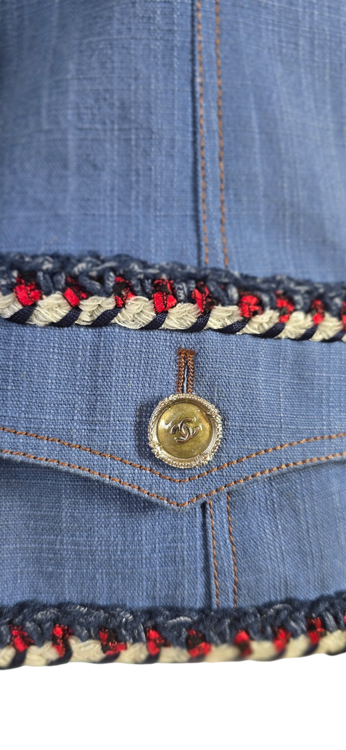 Chanel 13C Paris-Versailles Runway Denim Cotton Blue Braided Trim Jacket FR 38