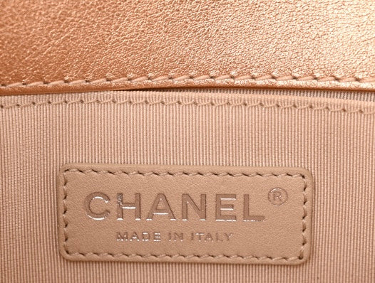 Chanel 15C Paris Dubai Rose Gold Metallic Calfskin Perforated Small Boy Flap Bag