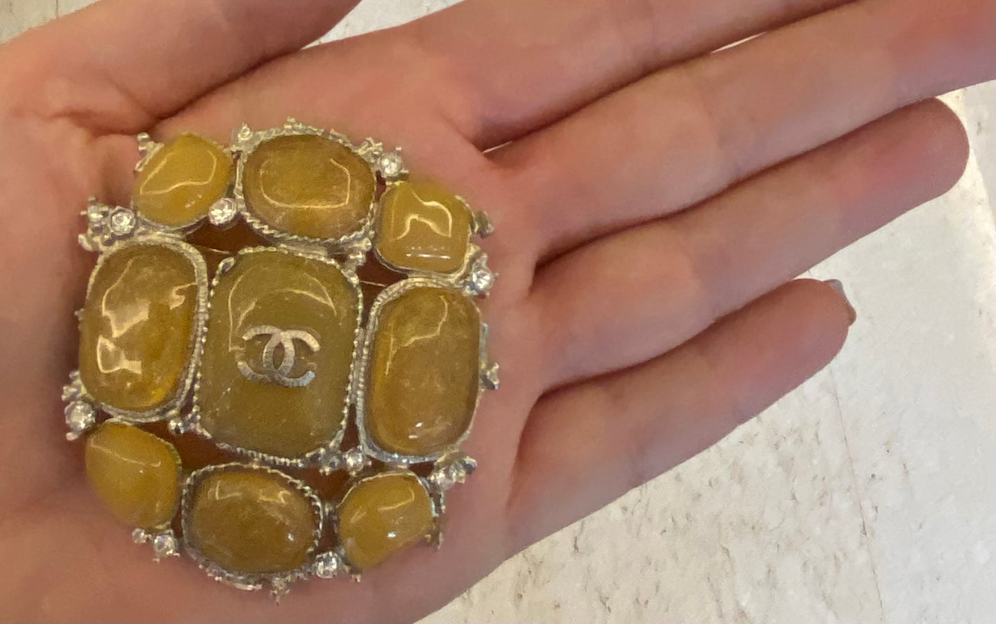 Chanel 10A XL CC Yellow Cabochon Stones Gold Crystals Brooch