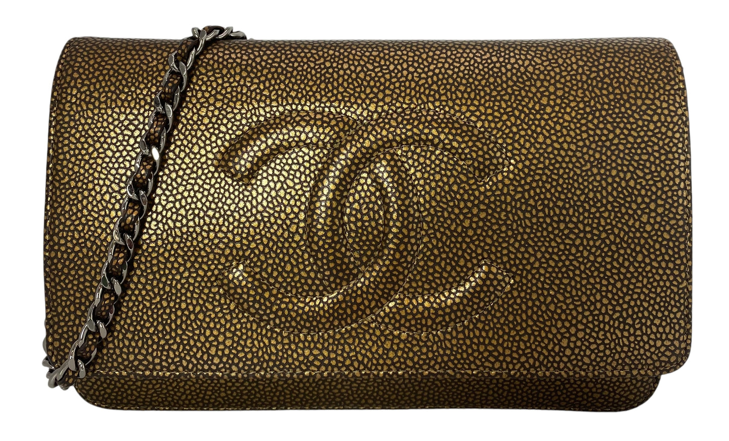 Chanel Gold Bronze Metallic Caviar Timeless Wallet on Chain Double CC WOC