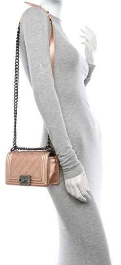 Chanel 15C Paris Dubai Rose Gold Metallic Calfskin Perforated Small Boy Flap Bag
