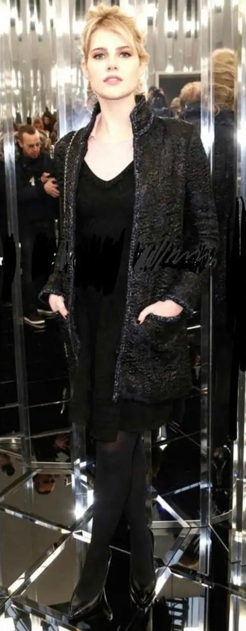 Chanel 16A Paris Rome Black Navy Metallic Camellia Jacquard Braid Long Coat Jacket FR 38